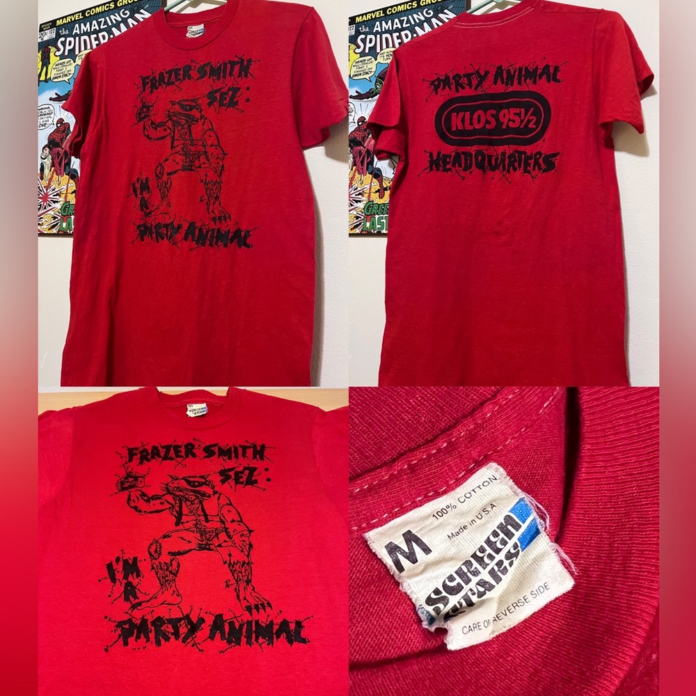 Vintage 80s Klos 95. 5 Frazer Smith Sez I'm a Party Animal Red T-Shirt Size M